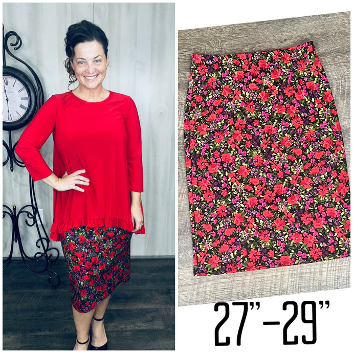 Miss Amy Thicker Fabric Pencil Skirt- (Regular & Plus) Multi-Red (27