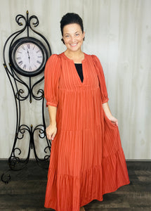 Brick Puff Sleeve Tiered Maxi Dress