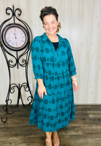 Cindy Jacquard Puff Sleeve Dress- (Teal)