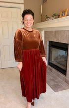 Amanda Velvet Two Tone Dress- Copper & Rust