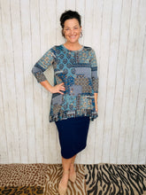 Samantha Ruffle High Low Tunic-Blue Patchwork & Floral