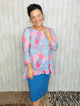 Samantha Ruffle High Low Tunic-Pink & Periwinkle Patchwork