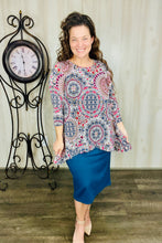 Samantha Ruffle High Low Tunic- Blue & Pink Geometric