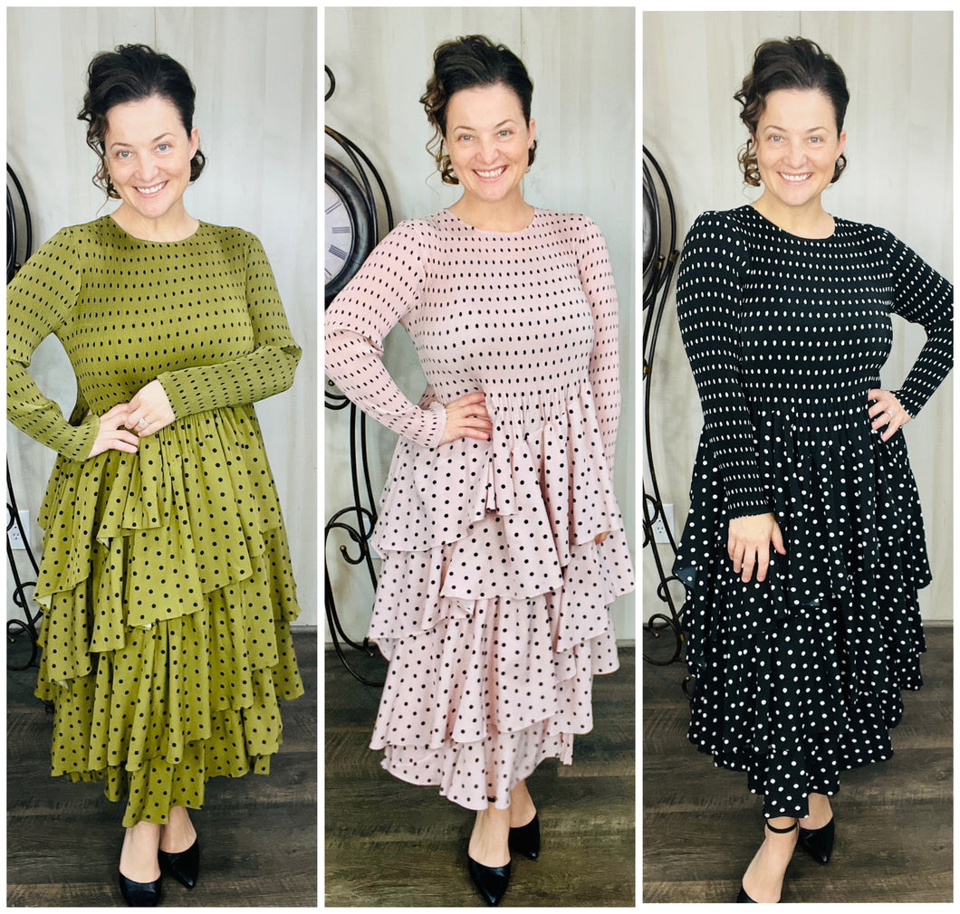 Georgia Polkadot Dress- Pink, Olive, or Black