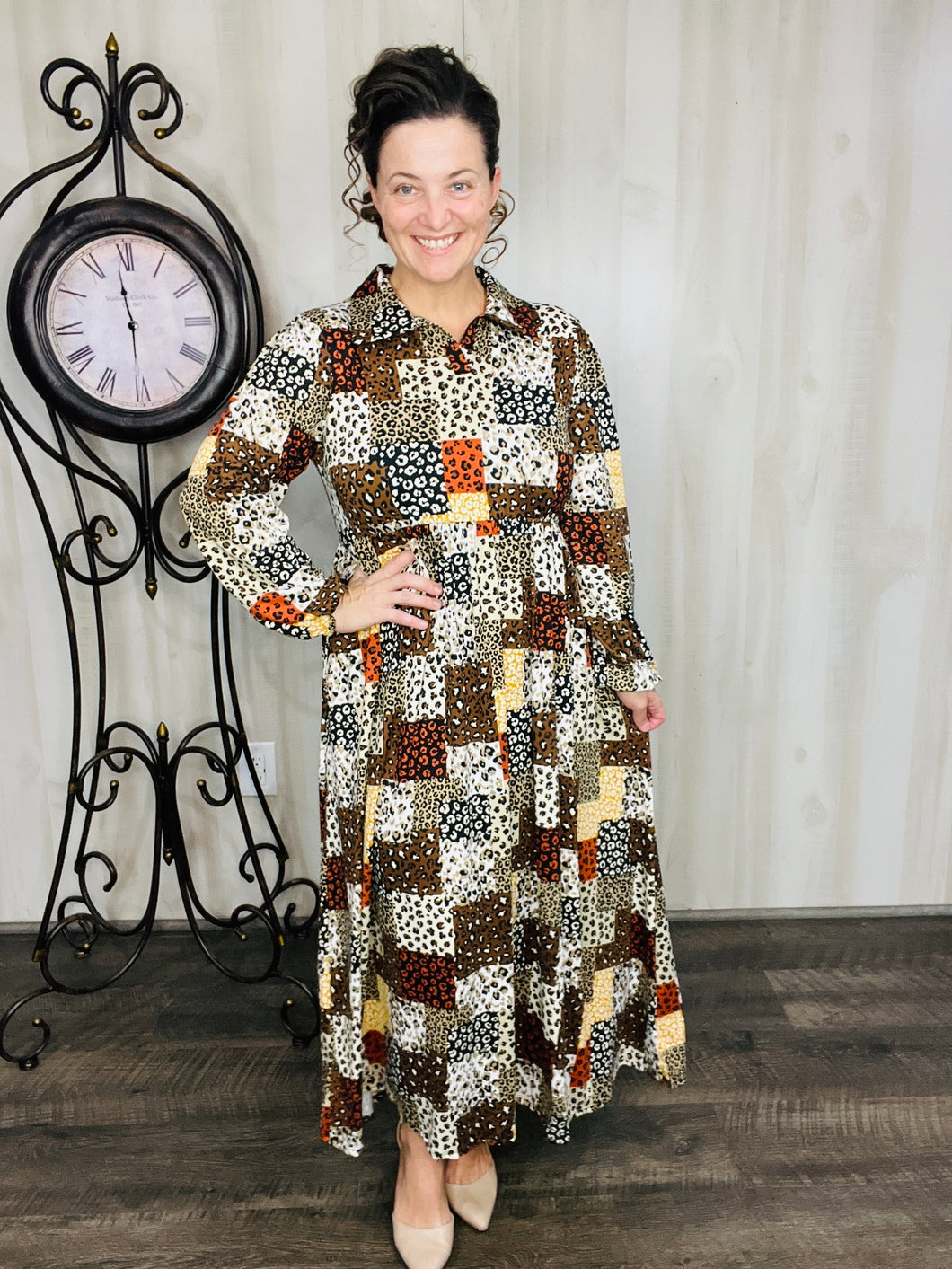 Kaylee Collared Animal Print Patchwork Dress