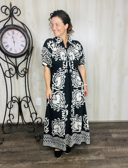 Melanie Boho Smocked Front Dress-Black