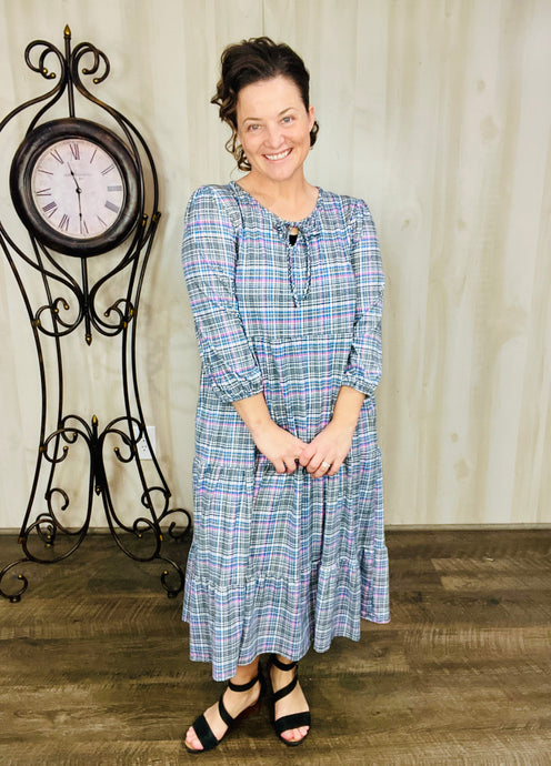 Cassie Marie Tiered Boho Style Dress-Purple & Ivory Plaid