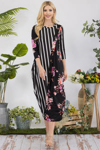 Buttons & Style Dress- Black Floral/Stripe