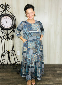 Tonya Tiered Dress- Navy Patchwork