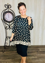 Samantha Ruffle High Low Tunic-Tan & Black Ink Blot