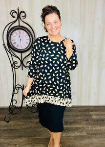 Samantha Ruffle High Low Tunic-Tan & Black Ink Blot