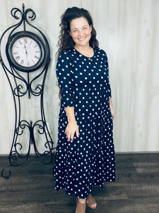 Tonya Tiered Dress- Navy Polkdadot