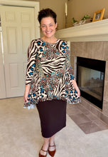 Samantha Ruffle High Low Tunic-Teal & Leopard Mix