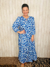 Cassie Tiered Boho Style Dress-Blue & Ivory Floral