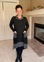 Black & White Striped Cowl Neck Tunic Dress