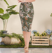 Laura Paisley Olive Pencil Skirt Textured-(Regular & Plus)