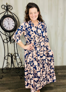 Lina Crinkle Fabric & Buttons Dress- Navy & Floral