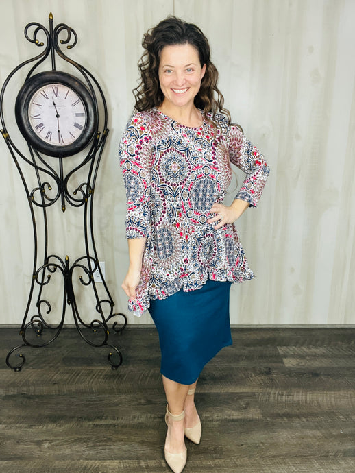 Samantha Ruffle High Low Tunic- Blue & Pink Geometric