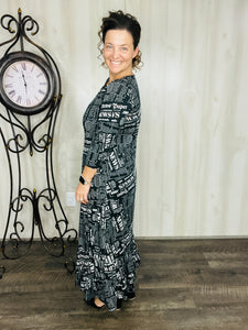 Misty Black Newsprint Button Dress