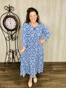 Cassie Marie Tiered Boho Style Dress-Blue Geometric