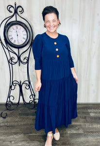 Tonya & Wood Button Dress- Navy