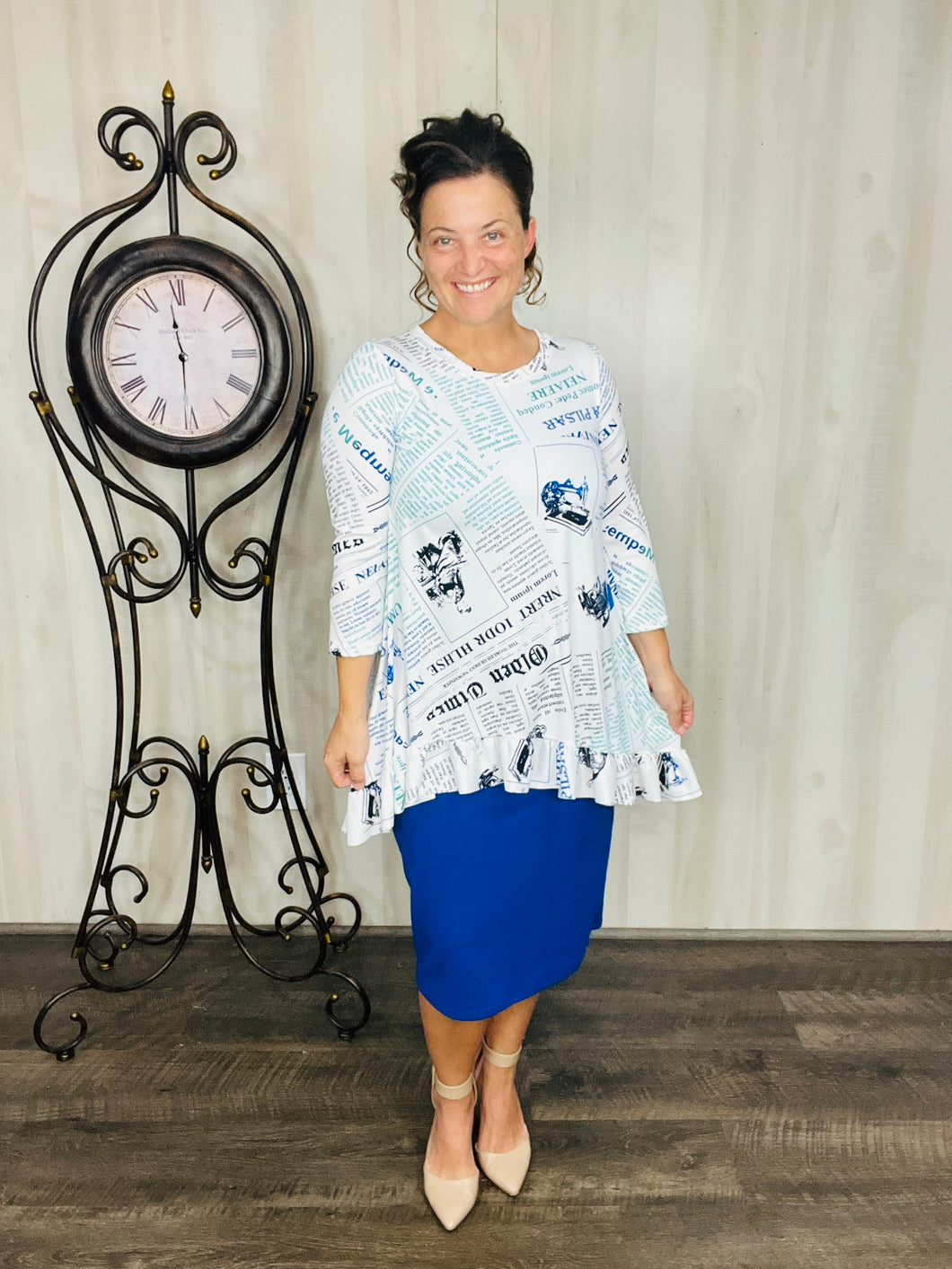 Samantha Ruffle High Low Tunic-Newspaper Print