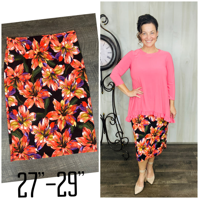 Miss Amy Thicker Fabric Pencil Skirt- (Regular & Plus) Multi-Coral (27