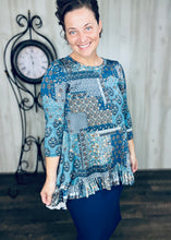 Samantha Ruffle High Low Tunic-Blue Patchwork & Floral
