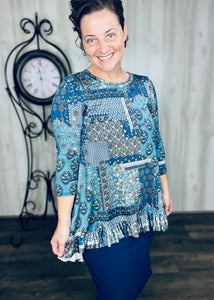 Samantha Ruffle High Low Tunic-Blue Patchwork & Floral