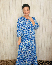 Cassie Tiered Boho Style Dress-Blue & Ivory Floral