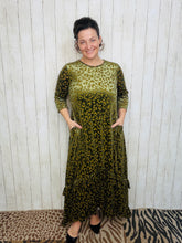 Kayla Ruffled Burnout Velvet Dress-Olive Leopard