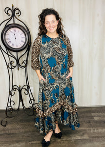 Michella High Low Dress-Teal & Animal Print