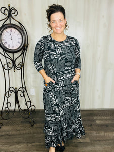 Misty Black Newsprint Button Dress