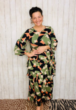 Candice Three Ruffle Dress- Olive Geometric Style