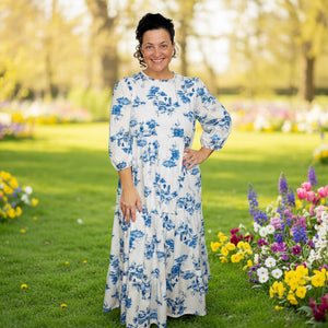 Cassie Tiered Boho Style Dress-Blue Toile Medium Cassie Tiered Boho Style Dress-Blue Toile Medium
