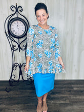 Samantha Ruffle High Low Tunic-Leopard & Blue Roses