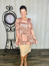 Samantha Ruffle High Low Tunic-Peach & Brown Floral