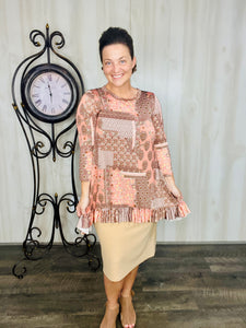 Samantha Ruffle High Low Tunic-Peach & Brown Floral