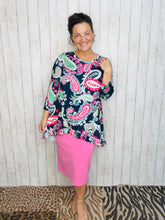 Samantha Ruffle High Low Tunic-Navy & Pink Paisley