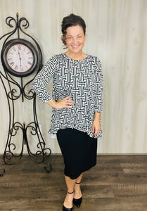 Samantha Ruffle High Low Tunic-Black & White Geometric