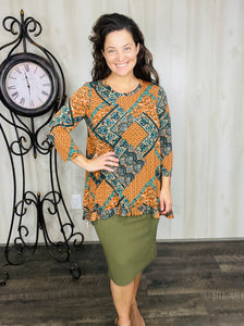 Samantha Ruffle High Low Tunic-Rust & Olive