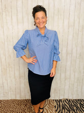 Lillian Bow Front Top- Blue & Ivory Striped