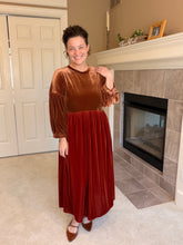 Amanda Velvet Two Tone Dress- Copper & Rust