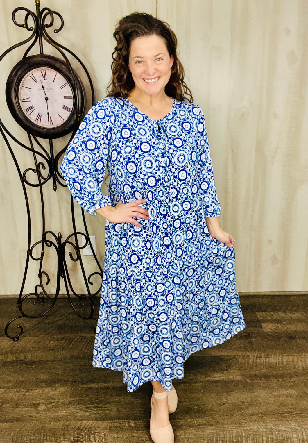 Cassie Marie Tiered Boho Style Dress-Blue Geometric