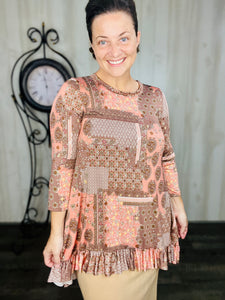 Samantha Ruffle High Low Tunic-Peach & Brown Floral