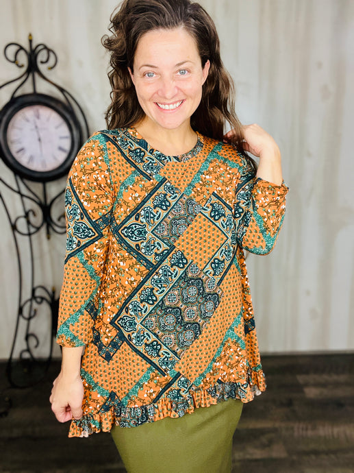 Samantha Ruffle High Low Tunic-Rust & Olive