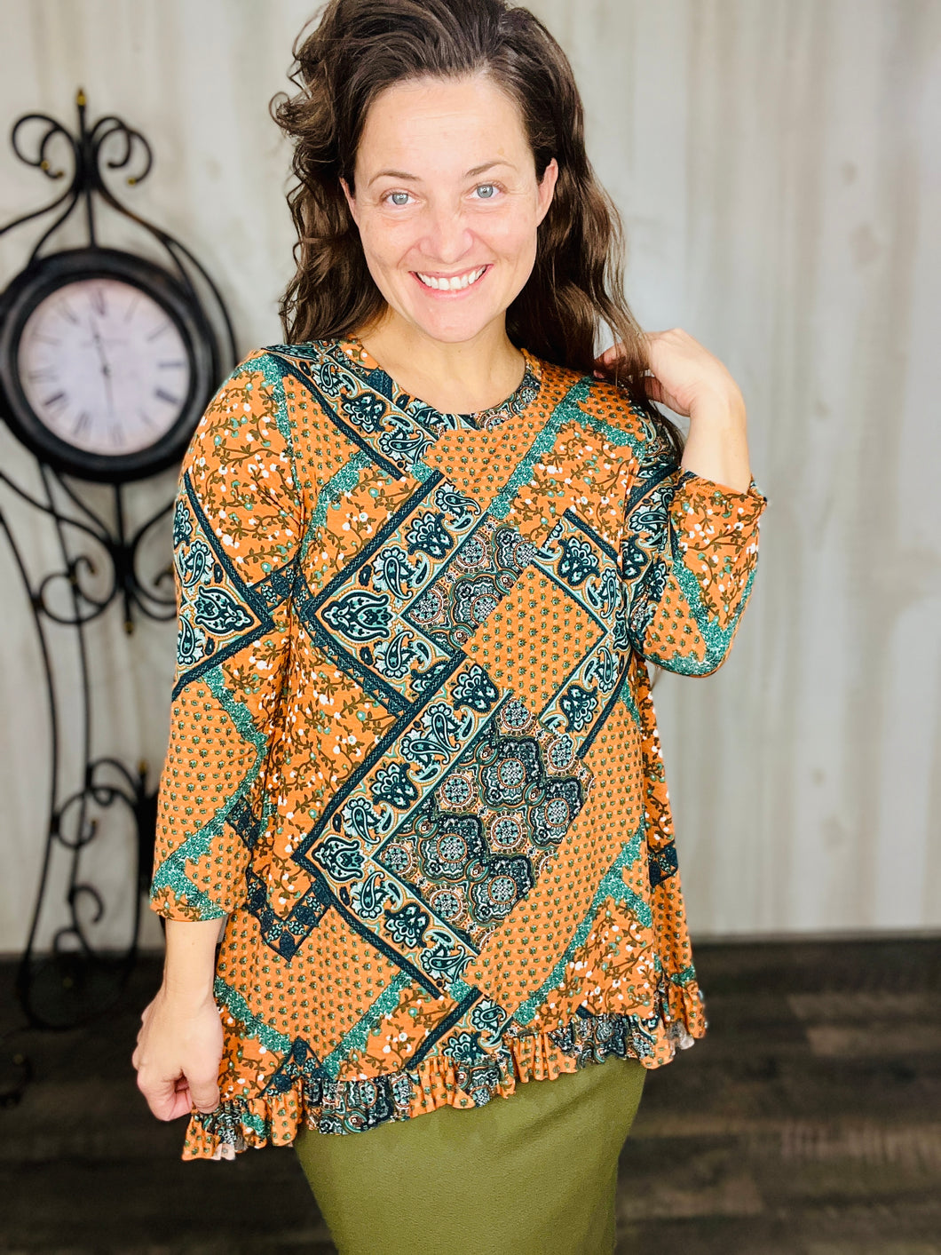 Samantha Ruffle High Low Tunic-Rust & Olive