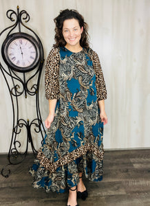 Michella High Low Dress-Teal & Animal Print