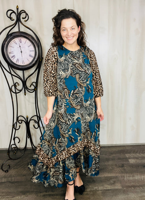 Michella High Low Dress-Teal & Animal Print