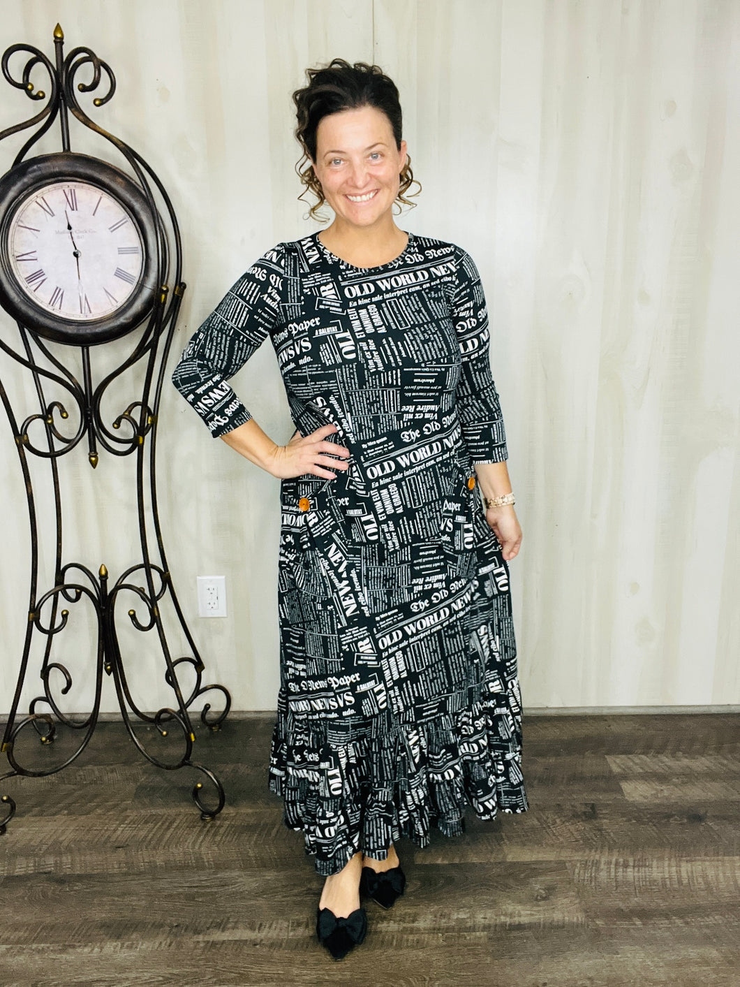 Misty Black Newsprint Button Dress